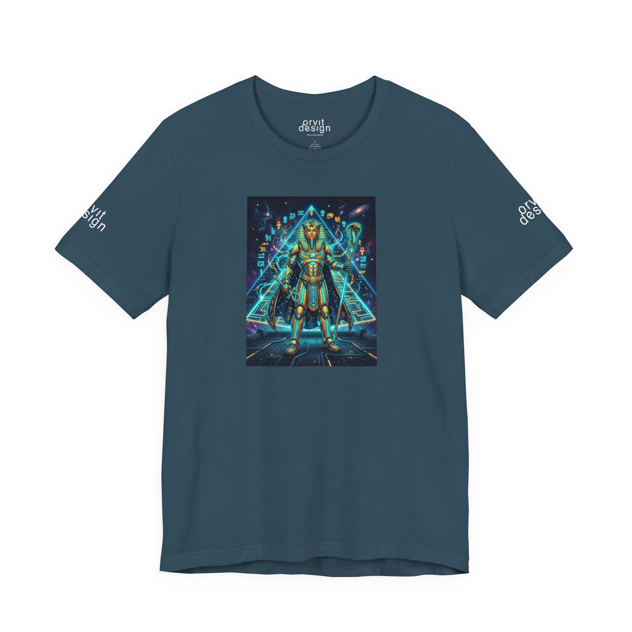 Egyptian Cyber Knight T-Shirt — Pharaoh Guardian Neon Sci‑Fi Unisex Tee - Image 2