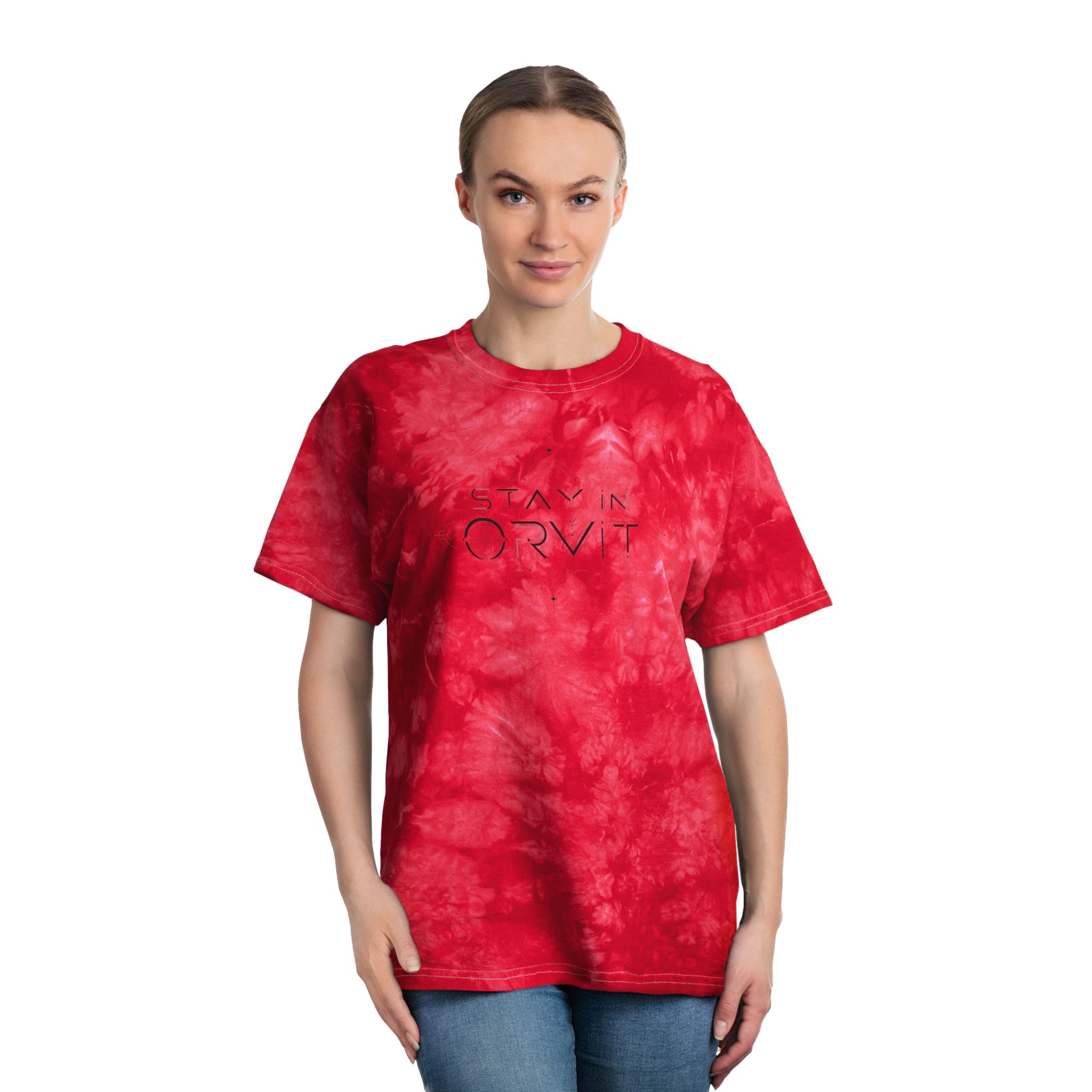 Stay in Orvit Crystal Tie-Dye T-Shirt – Red Marble Graphic Unisex Tee - Image 4