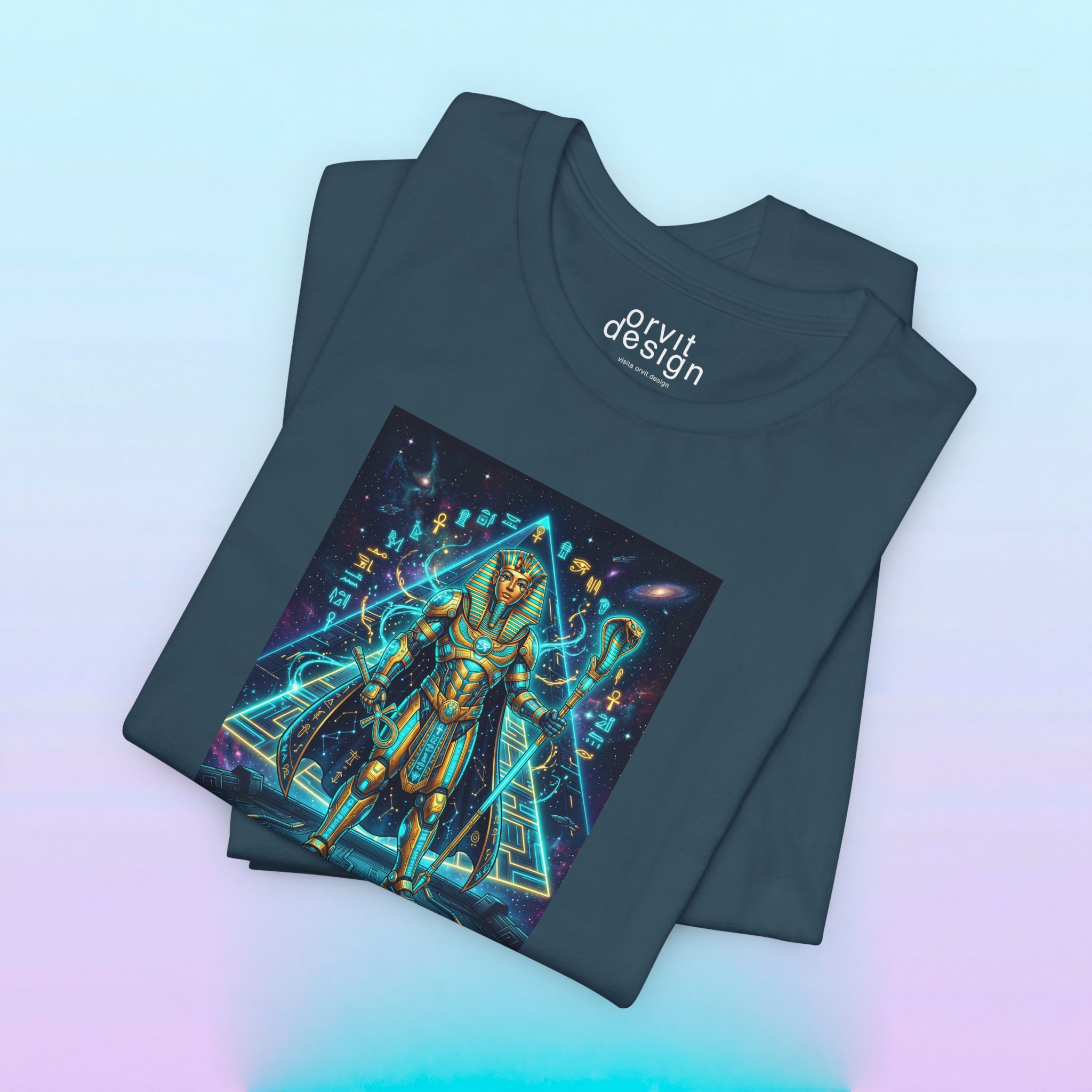 Egyptian Cyber Knight T-Shirt — Pharaoh Guardian Neon Sci‑Fi Unisex Tee - Image 3
